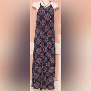 French Grey Sleeveless Navy Maxi Dress with Red Pattern
